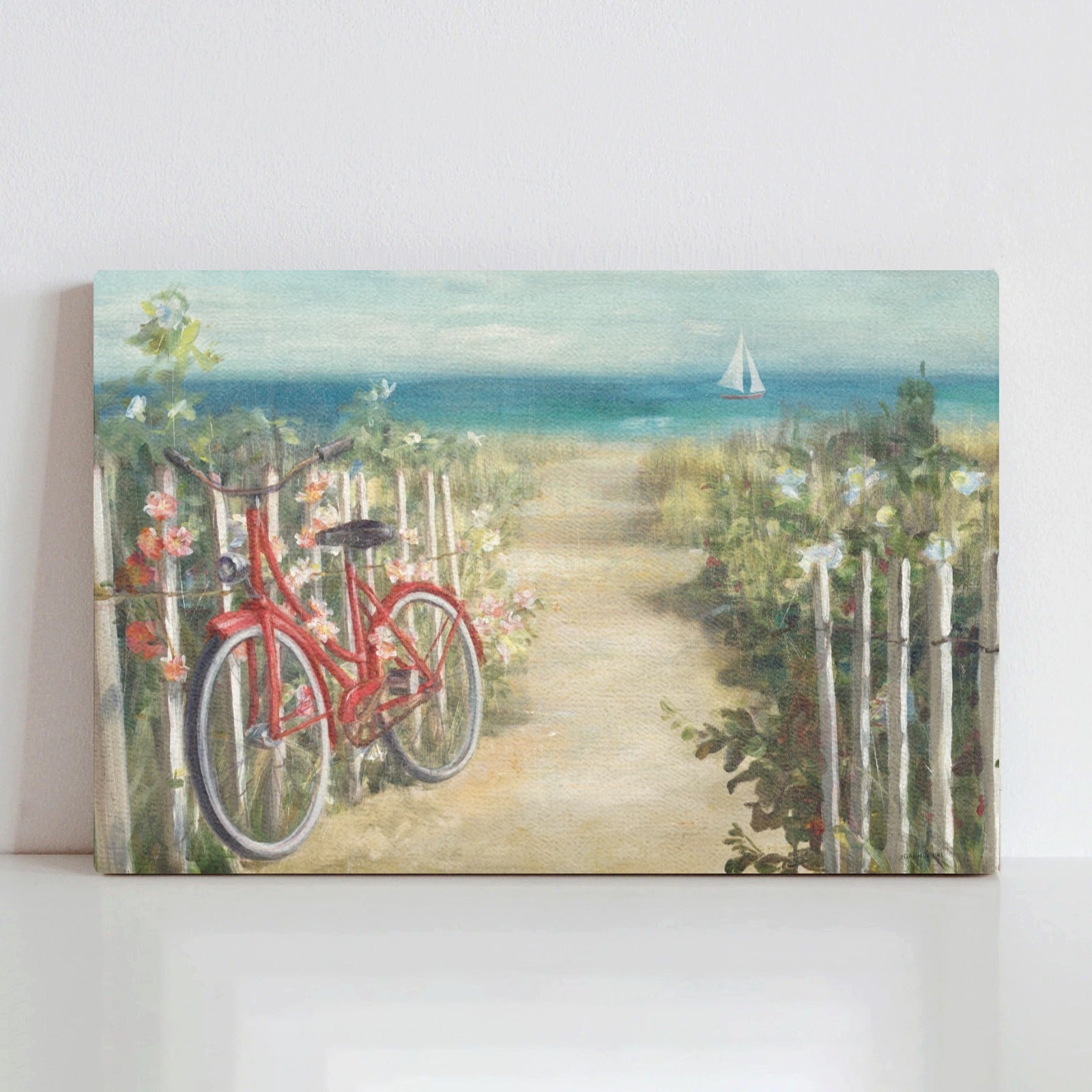 Summer Ride canvas print featuring a red bicycle on a beach path, made in USA