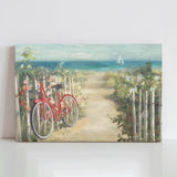 Summer Ride canvas print featuring a red bicycle on a beach path, made in USA
