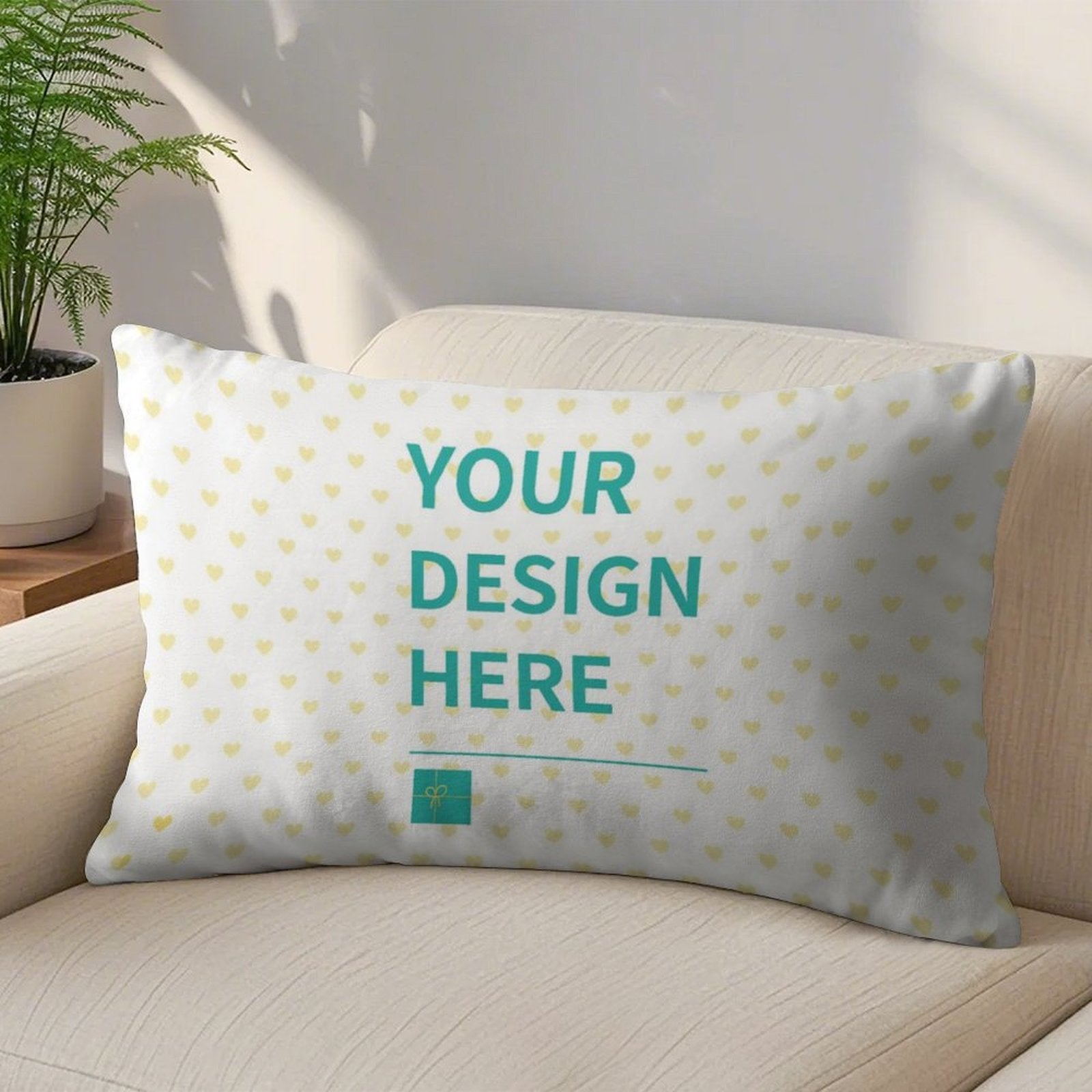 Customizable throw pillow case featuring "YOUR DESIGN HERE", super soft plush material for living room decor
