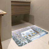 Christmas door mat with winter house and tree, suitable for bathroom or indoor use, featuring snowy scene
