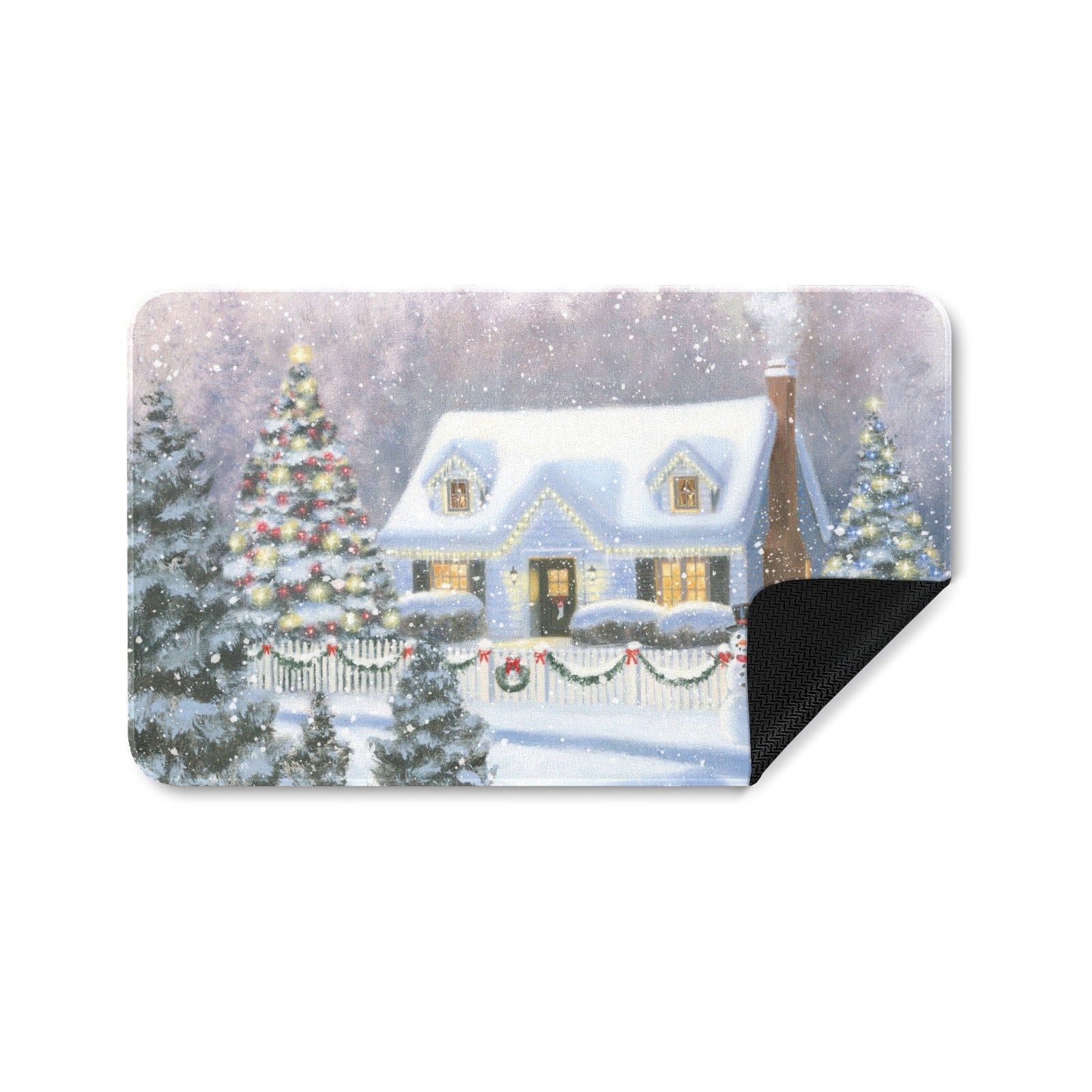 Christmas entrance door mat featuring a winter scene with a snowy house and decorated tree.