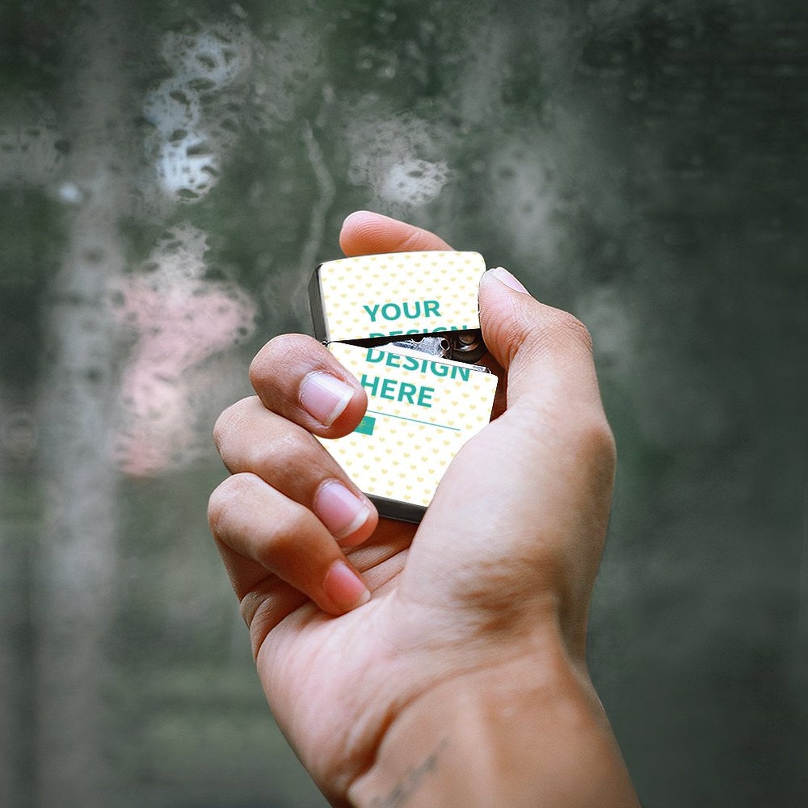 Customizable lighter case with 'YOUR DESIGN HERE' design. Copper casing, personalized gift for men.