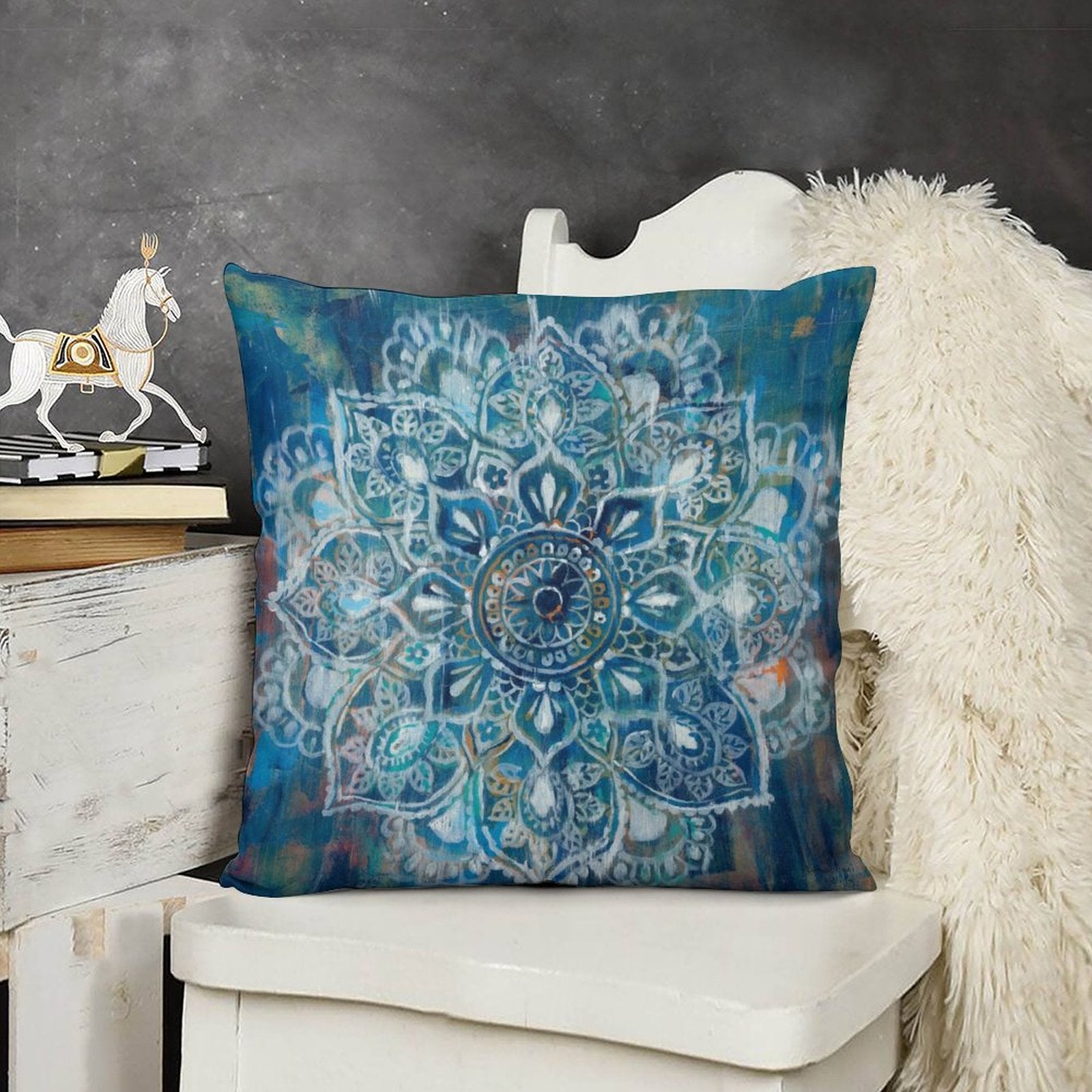 Blue mandala throw pillow cover, soft plush material, decorative for sofa or couch