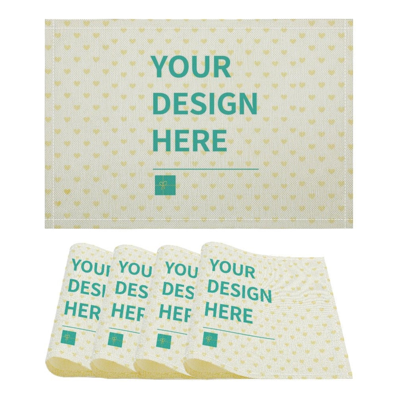 Customizable flax placemat with heart pattern, reads 'YOUR DESIGN HERE', perfect for personalized dining decor