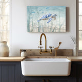 Undersea Turtle Canvas Print in a kitchen setting, blue sea turtle art made in USA, wall decor