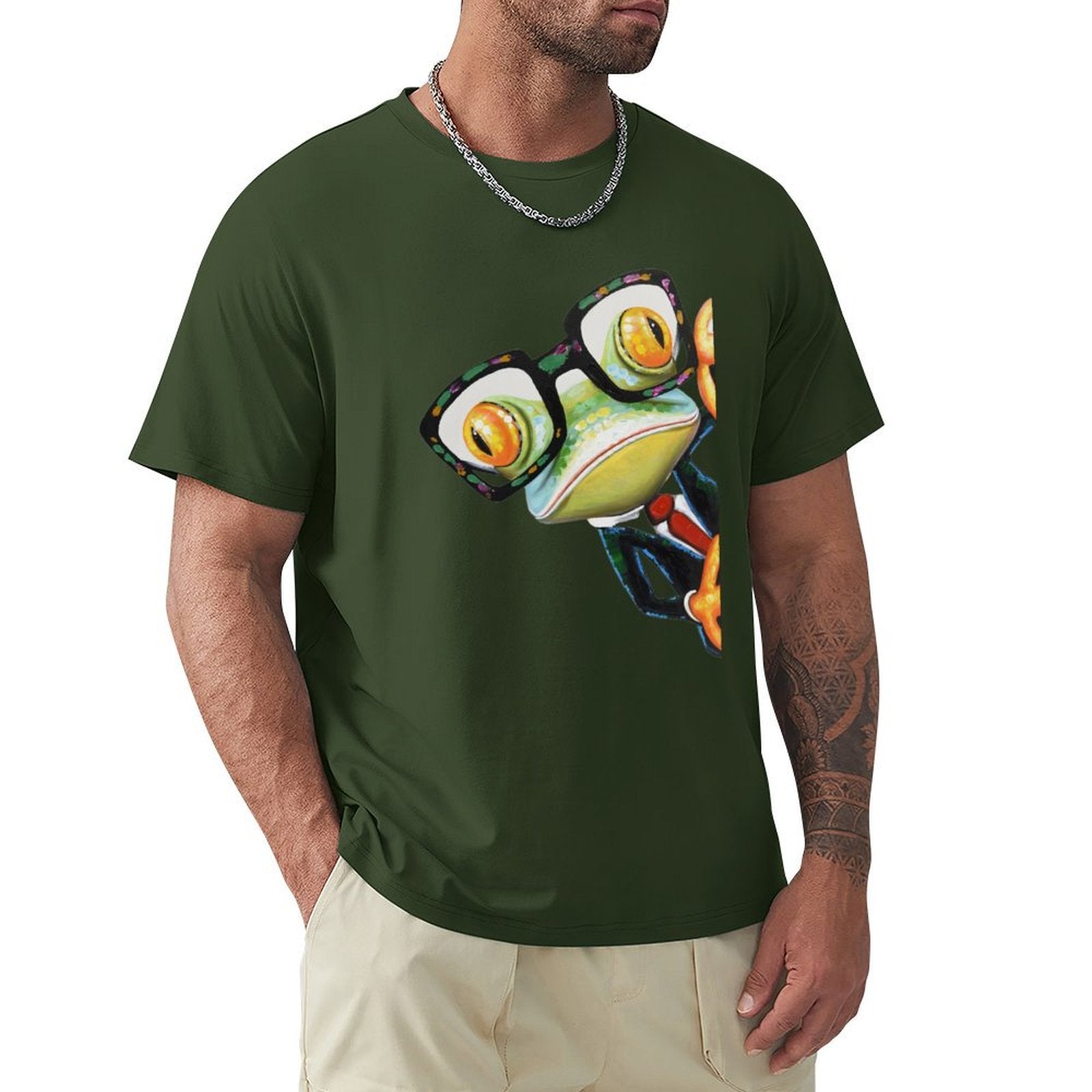 Men's green crew neck t-shirt with a frog design graphic, Classic Tees for men from MyArtsyGift