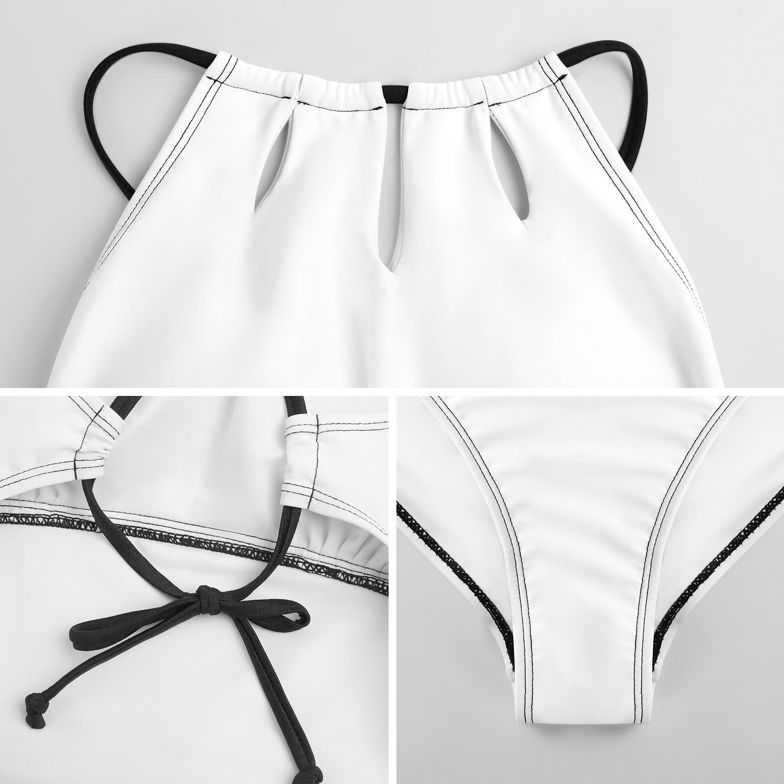White halter one-piece swimsuit with black trim, MyArtsyGift. Customizable bathing suit design.