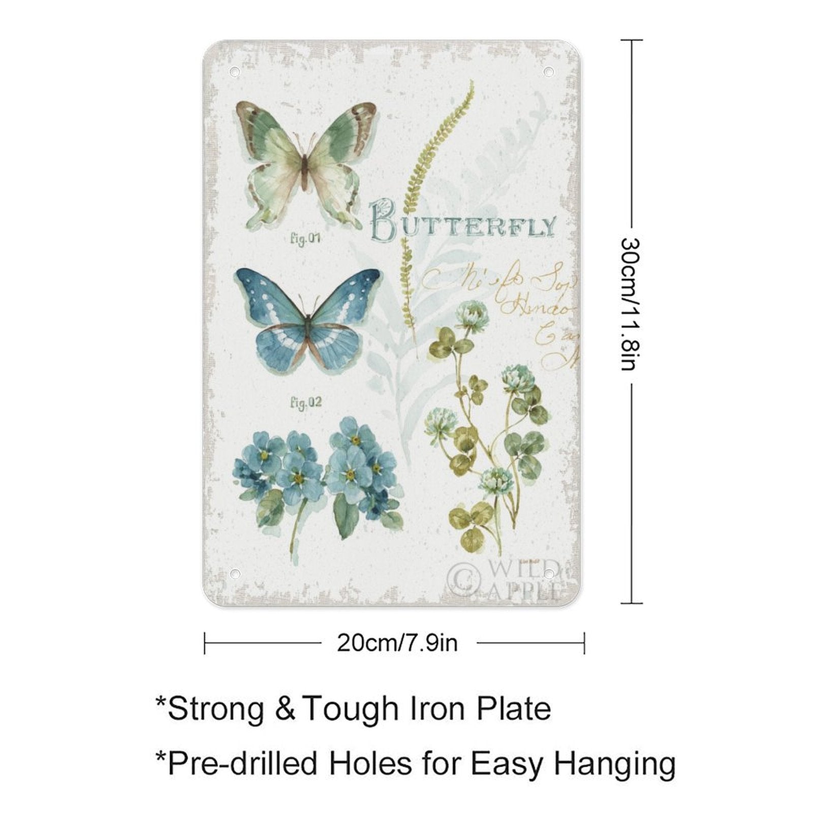 Personalized metal tin sign, butterfly and floral design, made in USA. Durable iron plate for home decor.