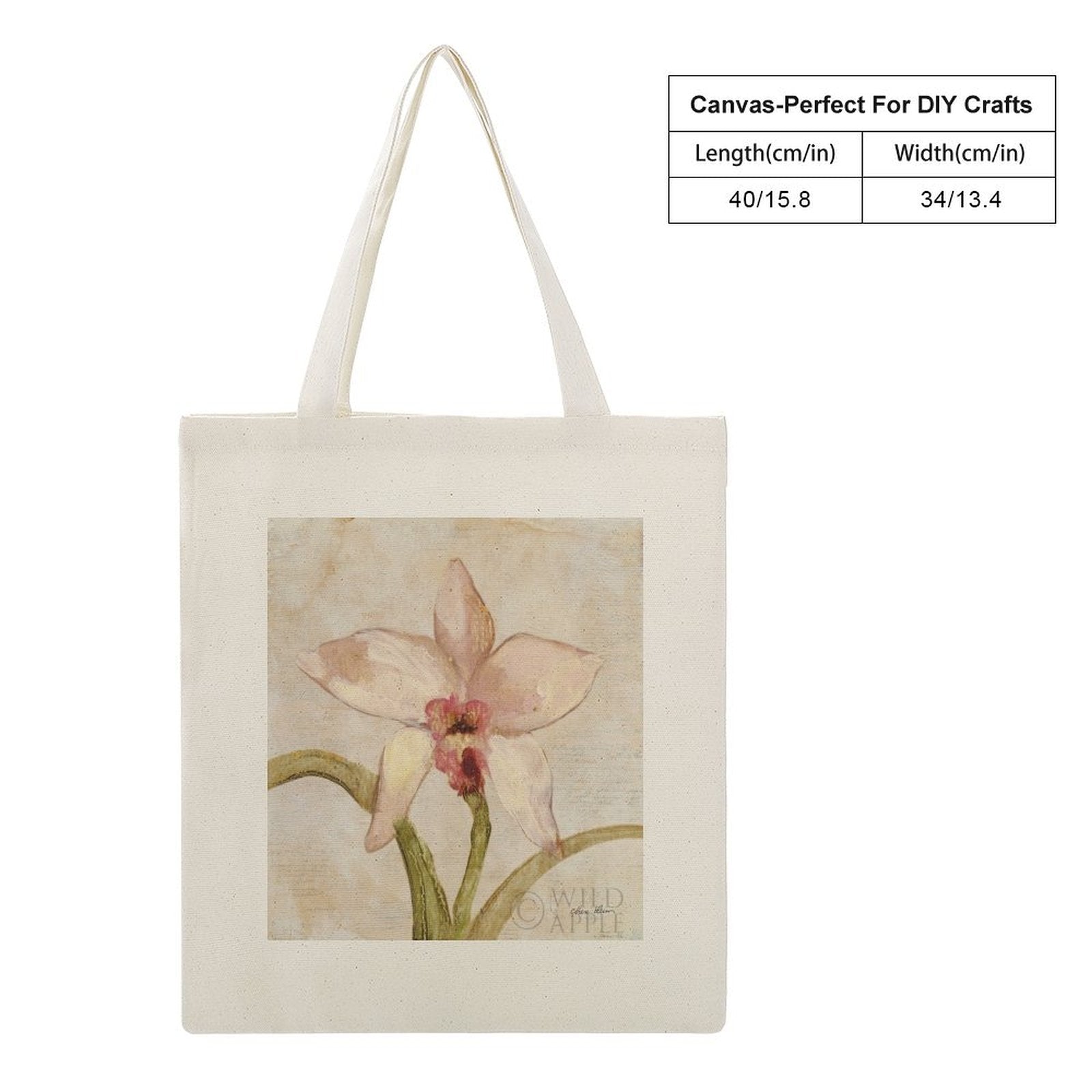 Canvas tote bag with watercolor orchid art, perfect for shopping or DIY crafts.