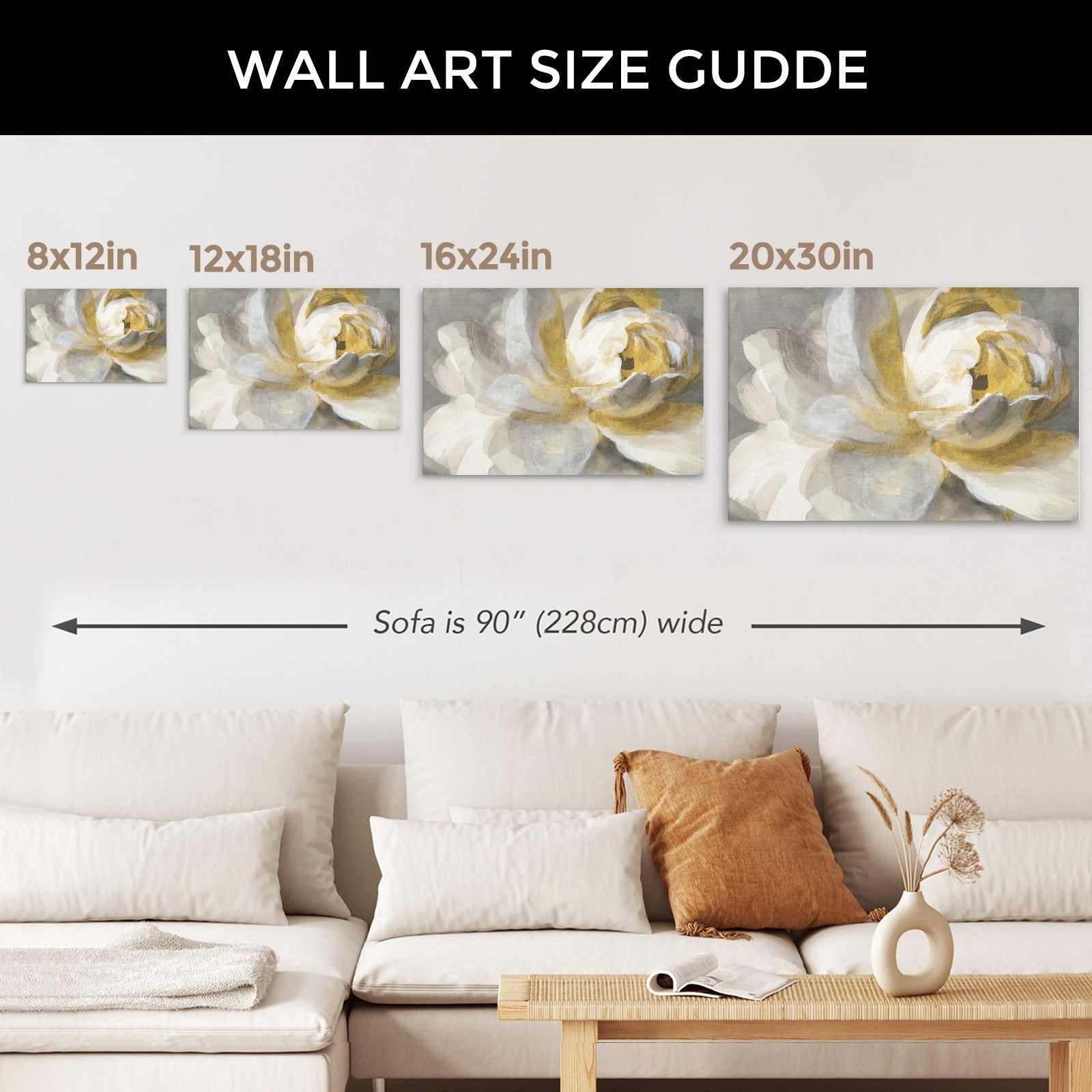 Abstract Rose Gold Canvas Print Size Guide: 8x12in, 12x18in, 16x24in, 20x30in, displayed above sofa, wall decor