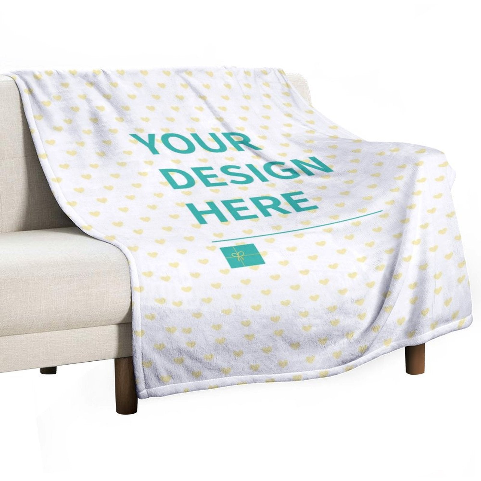 Custom fleece blanket with heart pattern and "YOUR DESIGN HERE" text, perfect for bed and sofa