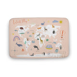 Coral velvet bath rug featuring a whimsical world map design, non-slip, perfect for bathroom, kitchen, bedroom.
