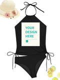 Custom black halter swimsuit with 'YOUR DESIGN HERE' text, personalized bathing suit for women, made in USA
