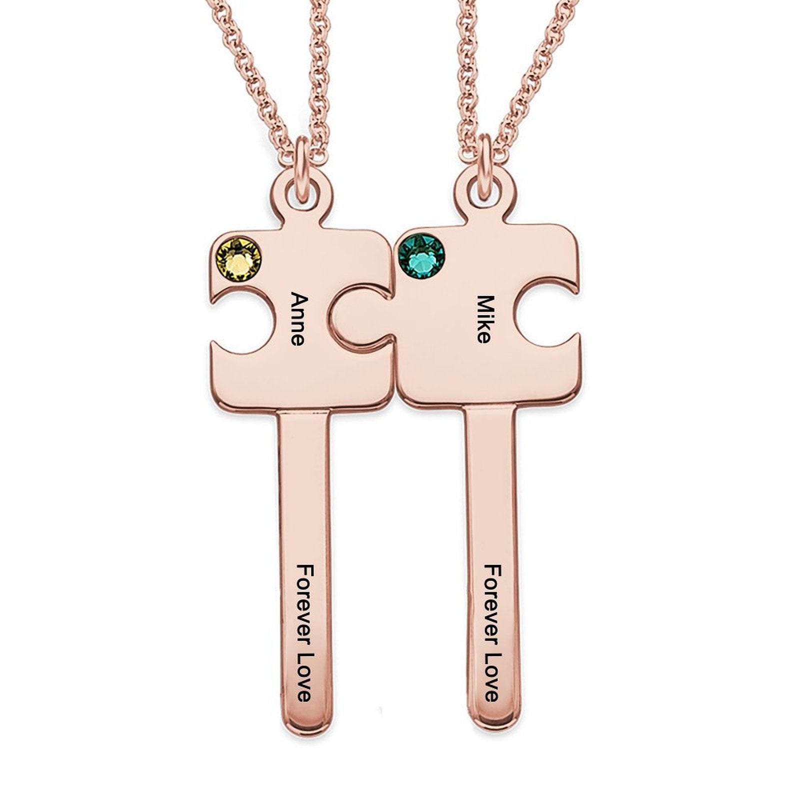 Rose gold personalized couple puzzle necklace with names and Forever Love engraving, a perfect gift.