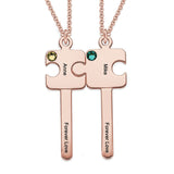 Rose gold personalized couple puzzle necklace with names and Forever Love engraving, a perfect gift.