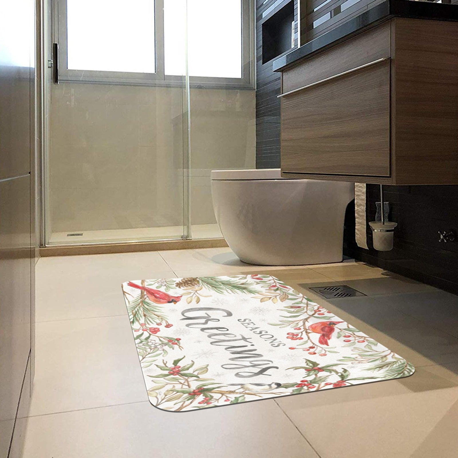 Winter doormat with Seasons Greetings, cardinal birds, and holiday decor for bathroom decor