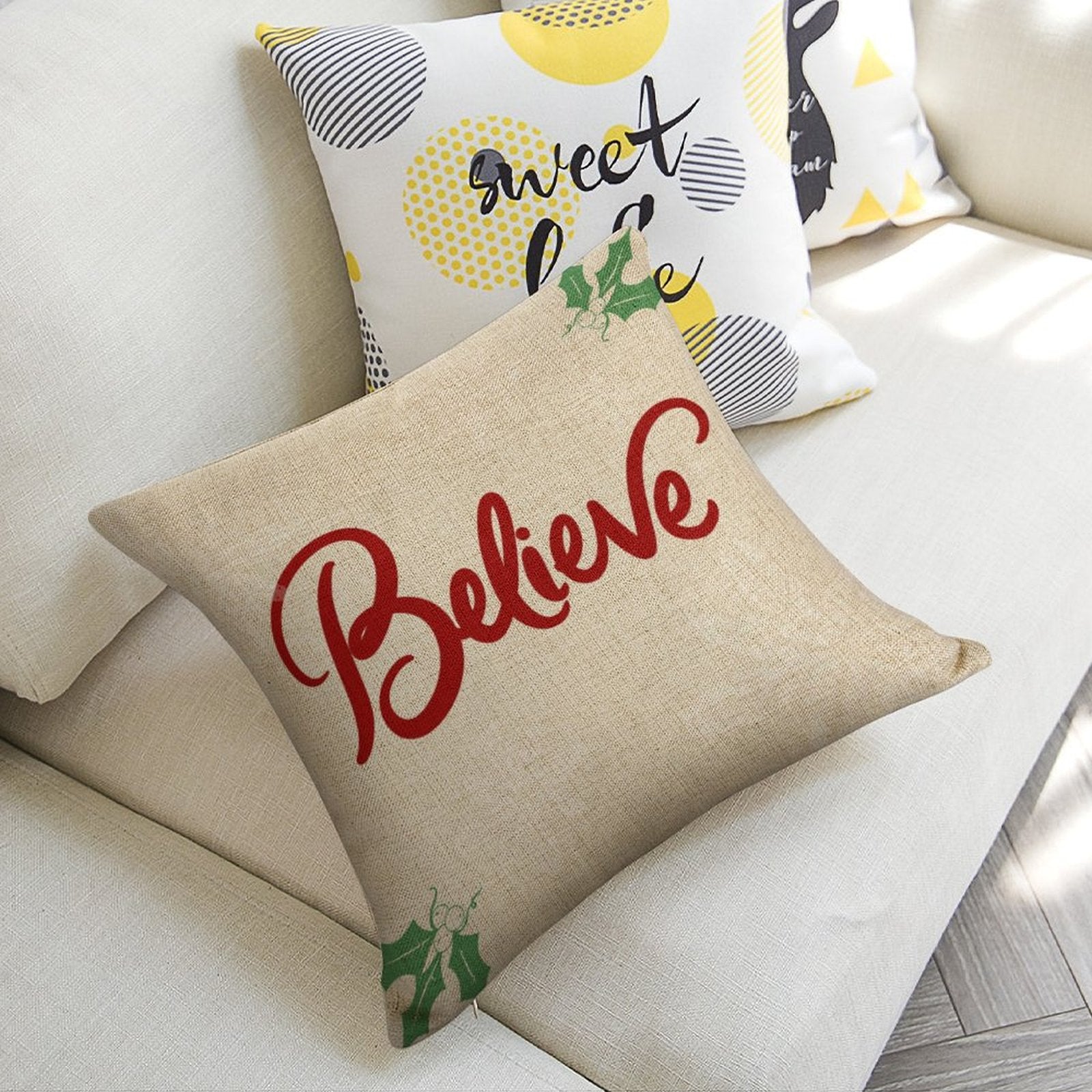 Christmas pillow cover with Believe text, linen material, square cushion case for sofa
