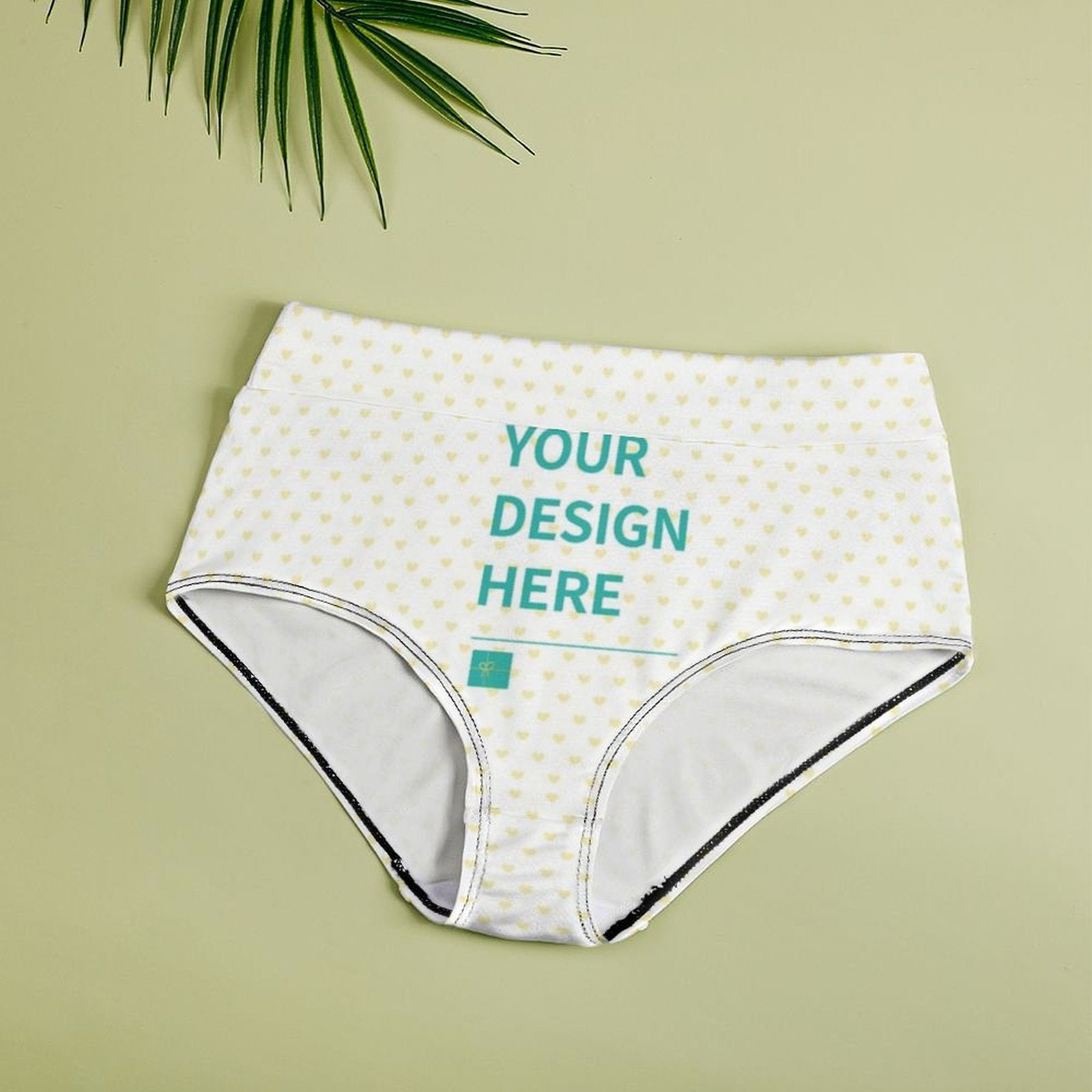 Custom high-waisted women's underwear, breathable briefs with 'YOUR DESIGN HERE' text, heart pattern.