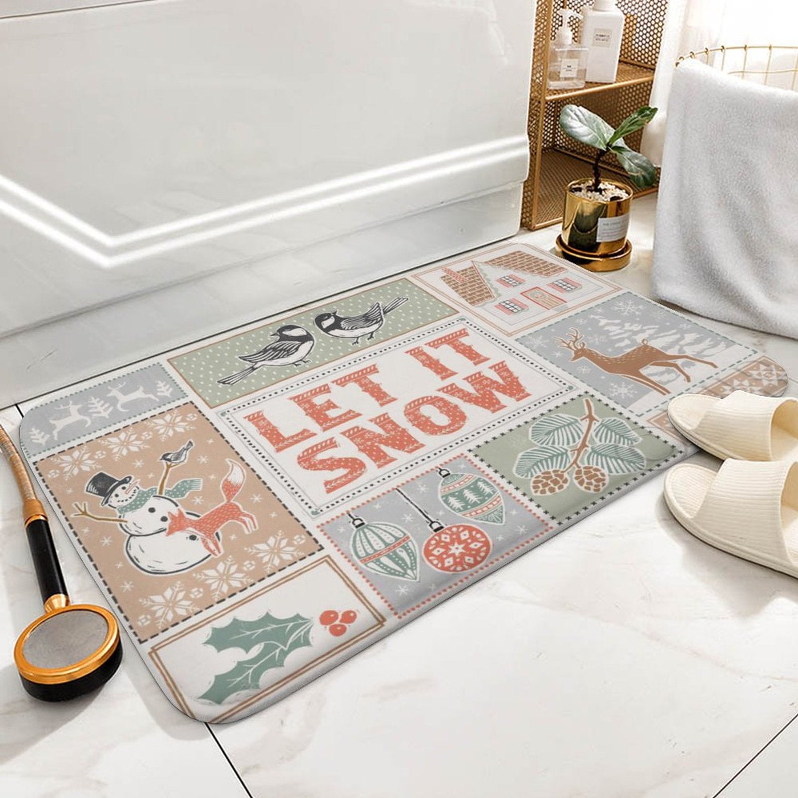 Coral velvet 'LET IT SNOW' bath rug with winter design, non-slip for bathroom and kitchen decor