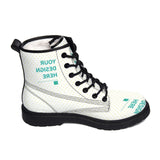 Custom MyArtsyGift boots with ultra-fine fiber, featuring 'Your Design Here' text, suitable for women and men