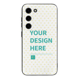 Custom Samsung Galaxy S23 phone case with personalized design, printed with text 'YOUR DESIGN HERE', and soft TPU material