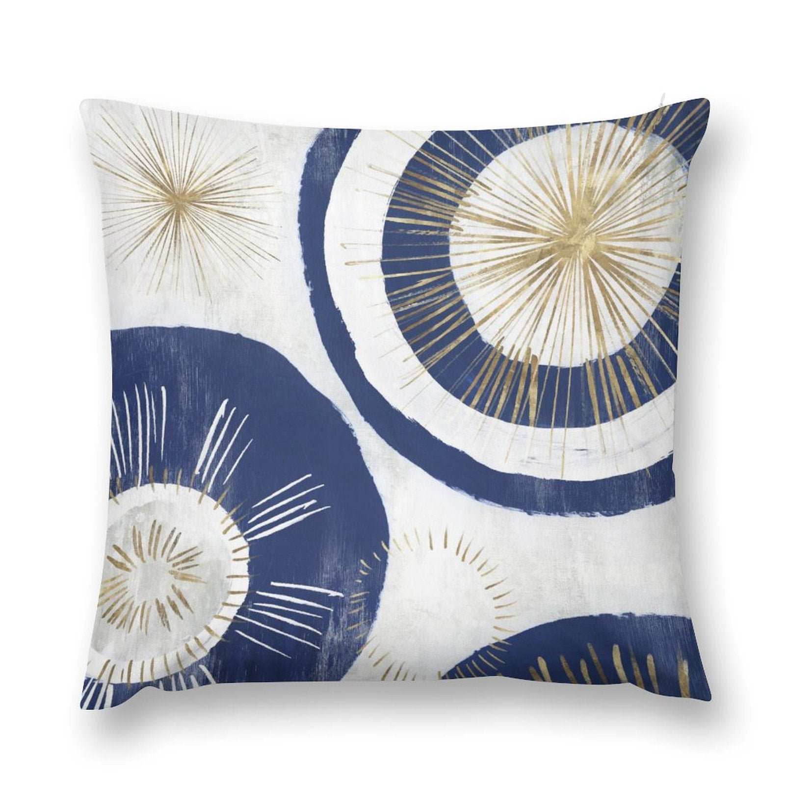 Decorative pillow cover with abstract design in navy blue and gold, soft plush fabric