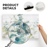 Eucalyptus I Canvas Print product details. Watercolor eucalyptus on shiplap, showcasing texture, hardware and home decor