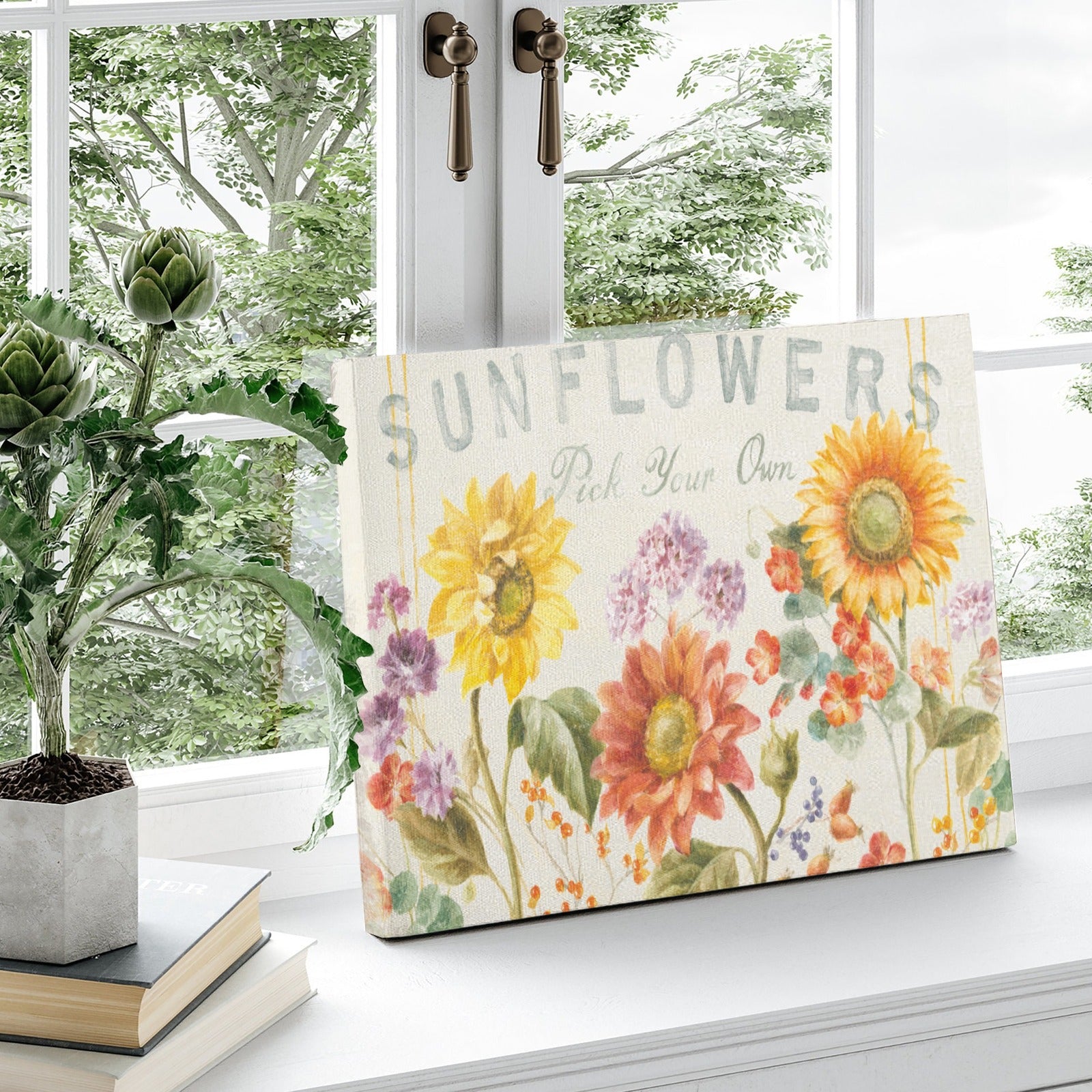 Sunflower canvas print, watercolor floral artwork, home decor, pick your own sunflowers, made in USA.