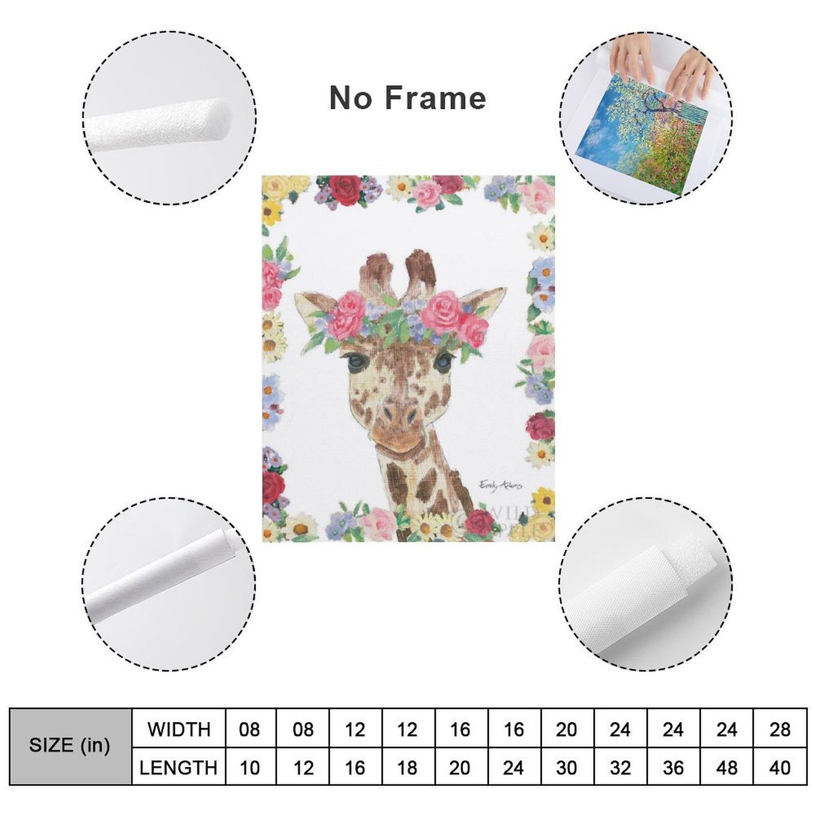 Canvas wall art, Giraffe with flower crown print, perfect gift; canvas material, various sizes available.