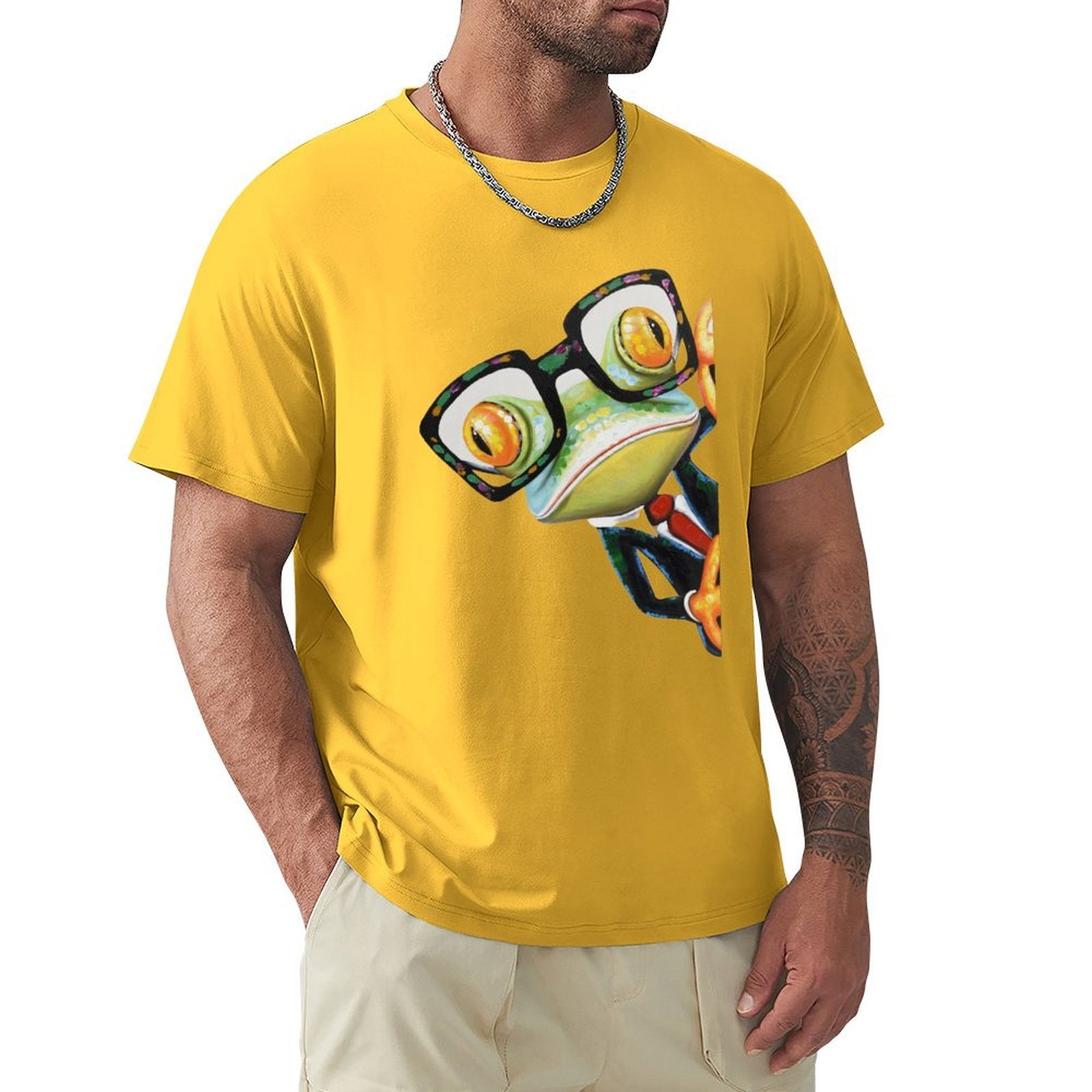 Yellow Men's short sleeve crew neck t-shirt with frog design, classic tees for men, MyArtsyGift