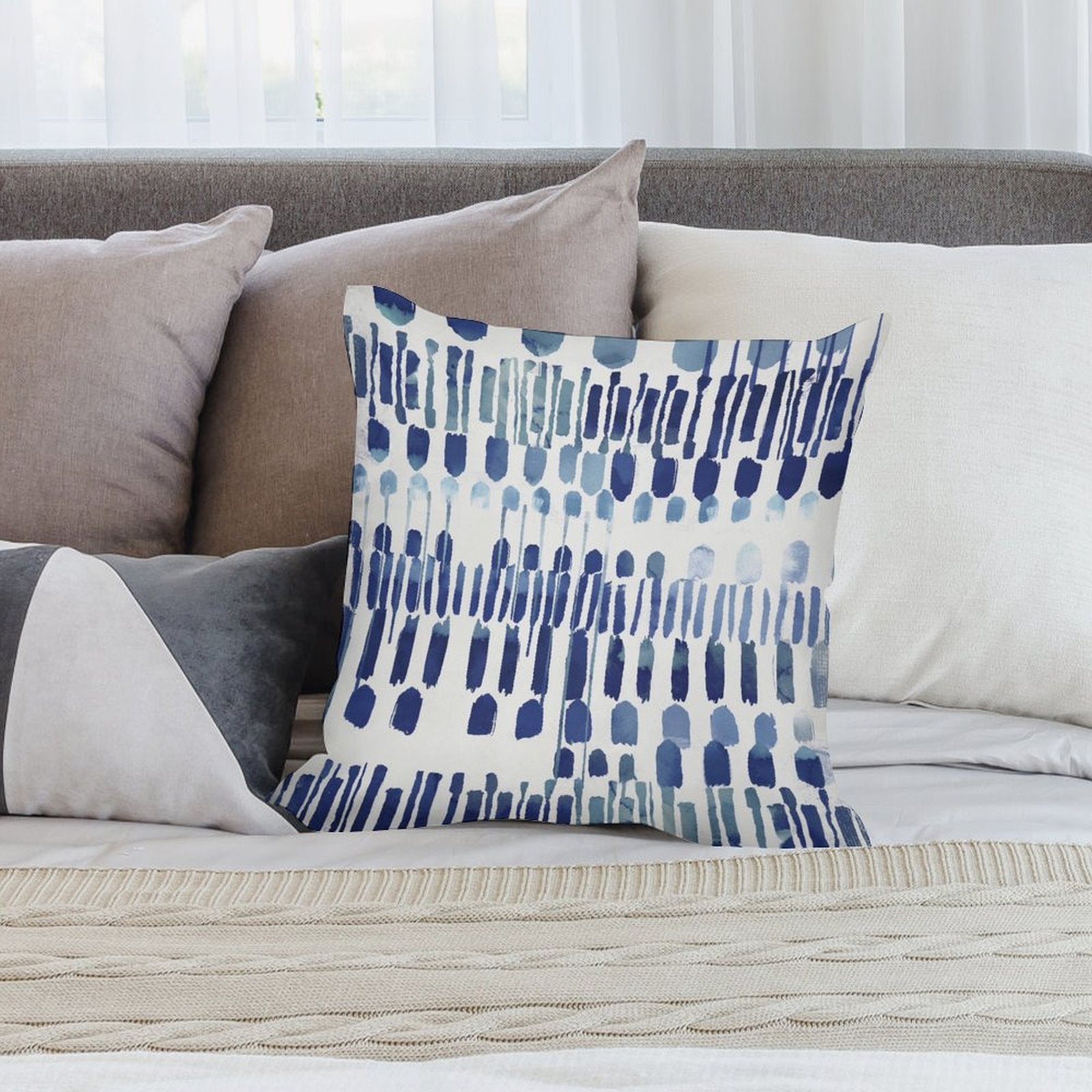 Blue abstract pattern plush pillow cover on bed, decorative for sofa or couch, soft and fluffy short plush pillowcase