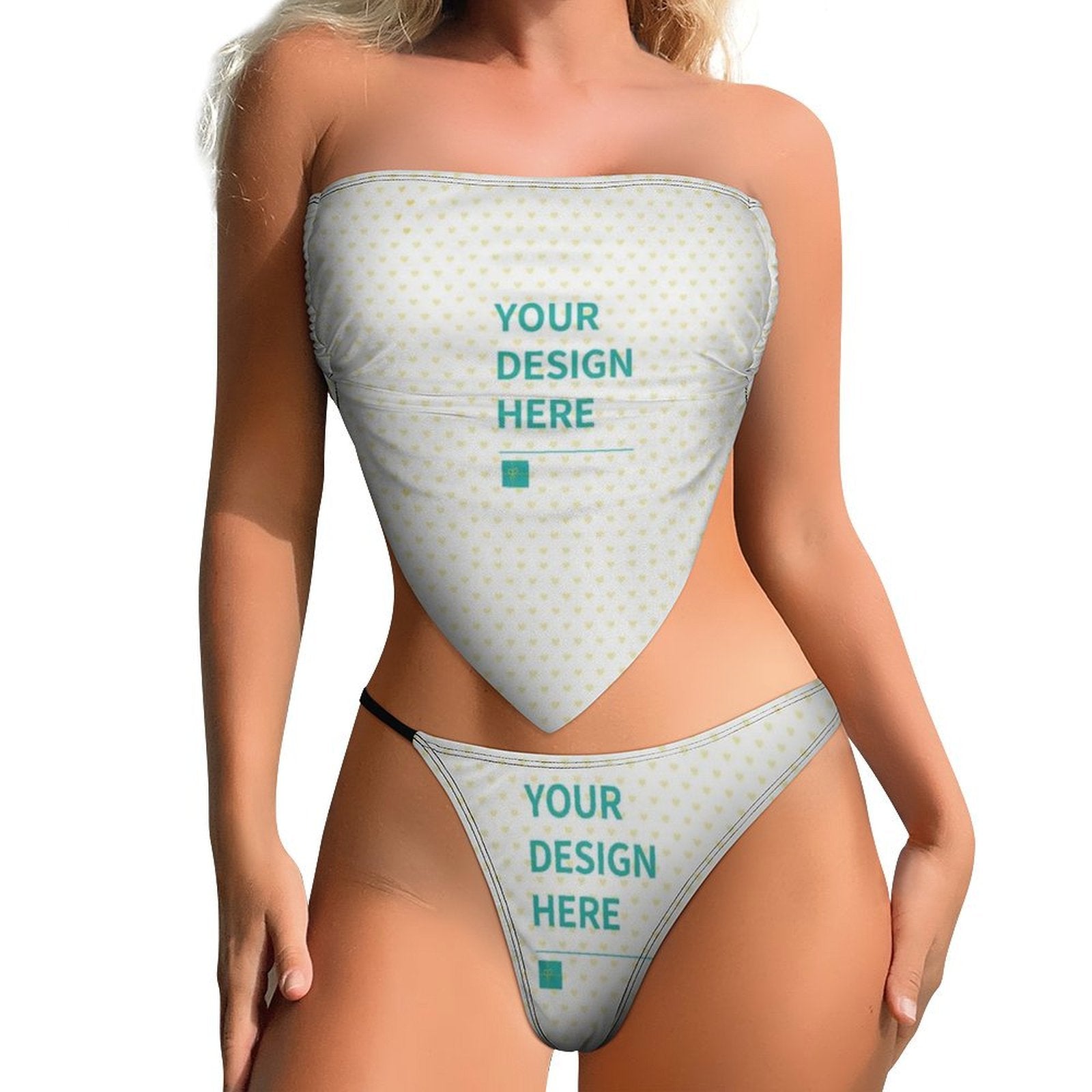 Custom Bikini Set for Women - Personalized swimsuit with heart print and 'YOUR DESIGN HERE' design.