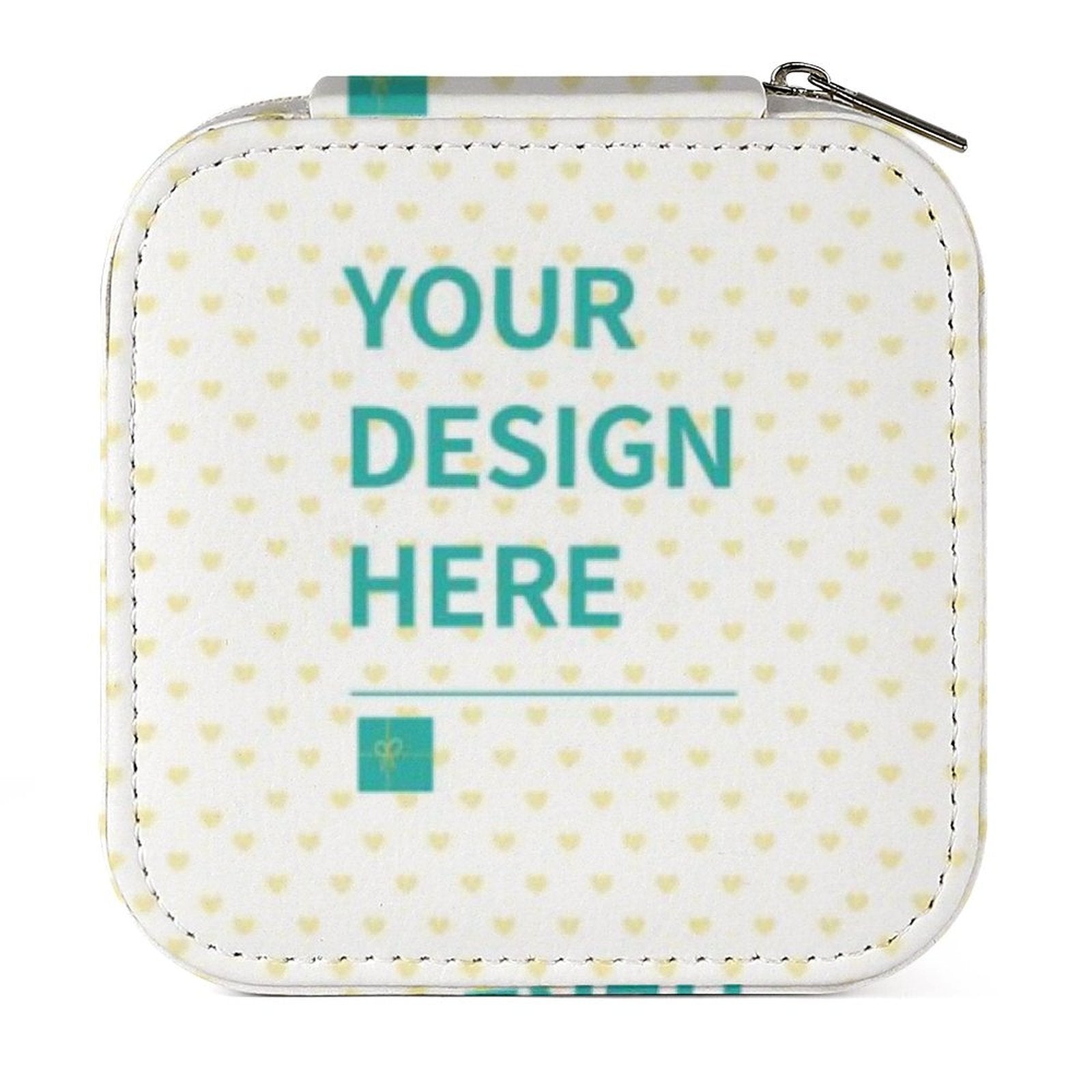 Customizable white PU leather travel jewelry box with 'YOUR DESIGN HERE' text and heart pattern.