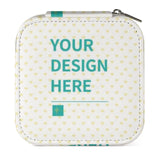 Customizable white PU leather travel jewelry box with 'YOUR DESIGN HERE' text and heart pattern.