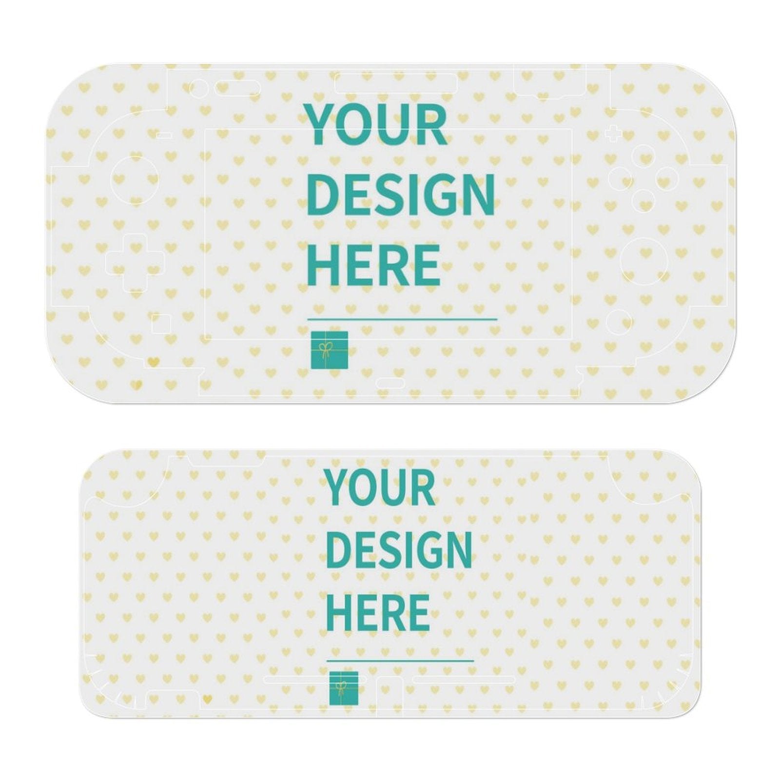 Custom Nintendo Switch skin sticker set with heart pattern and 'YOUR DESIGN HERE' text, perfect for personalized gifts.