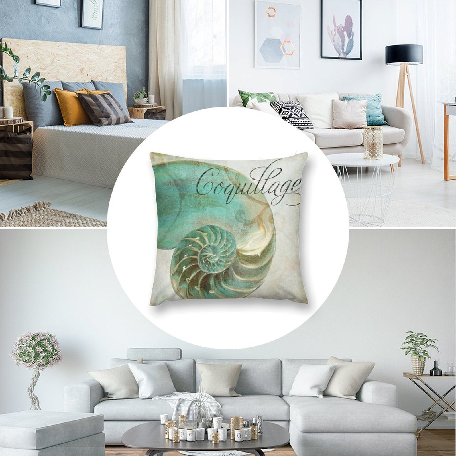Teal and tan plush pillow cover with nautilus shell design, 'Coquillage' script, decorative for sofa and couch
