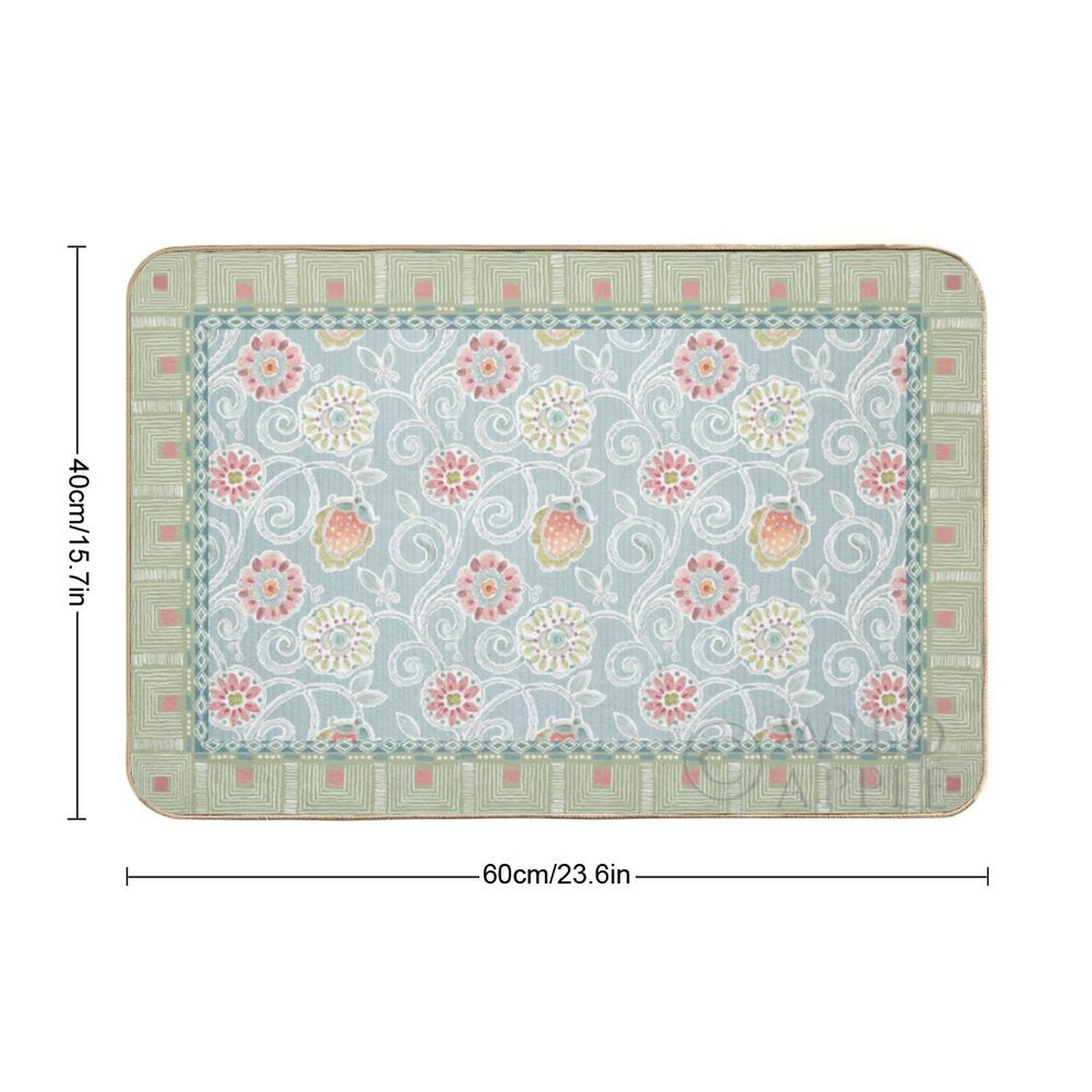 Personalized floral door mat, light blue rug with pink and green flower pattern, 40cm x 60cm, washable, bedroom rug
