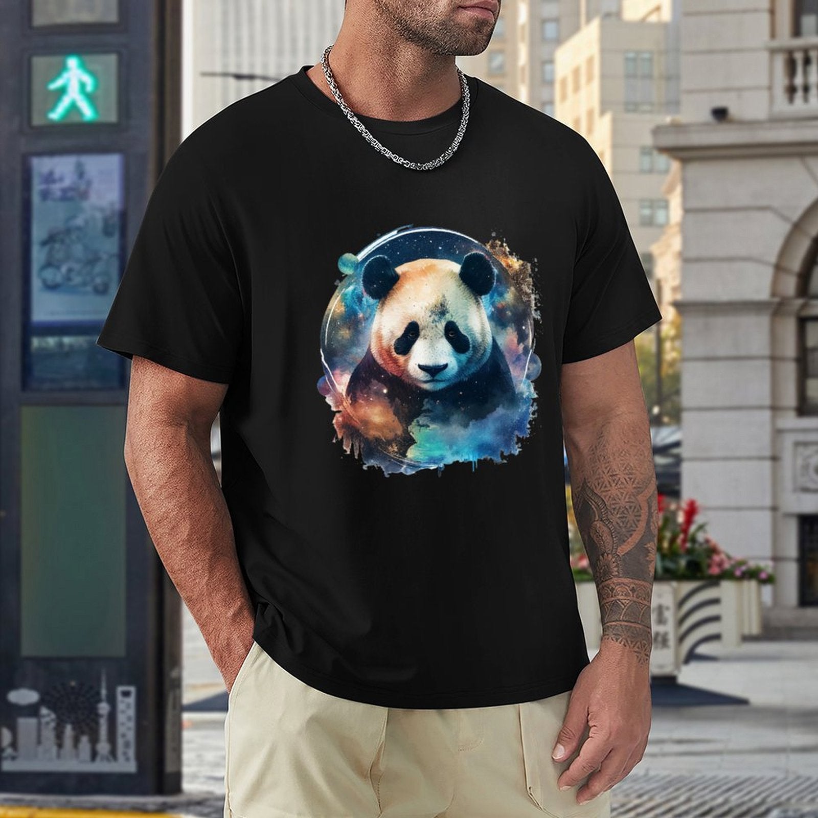 Black men's crew neck t-shirt with panda graphic, MyArtsyGift, comfortable cotton tee for men