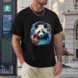 Black cotton crew neck t-shirt with panda design, MyArtsyGift classic tee for men.