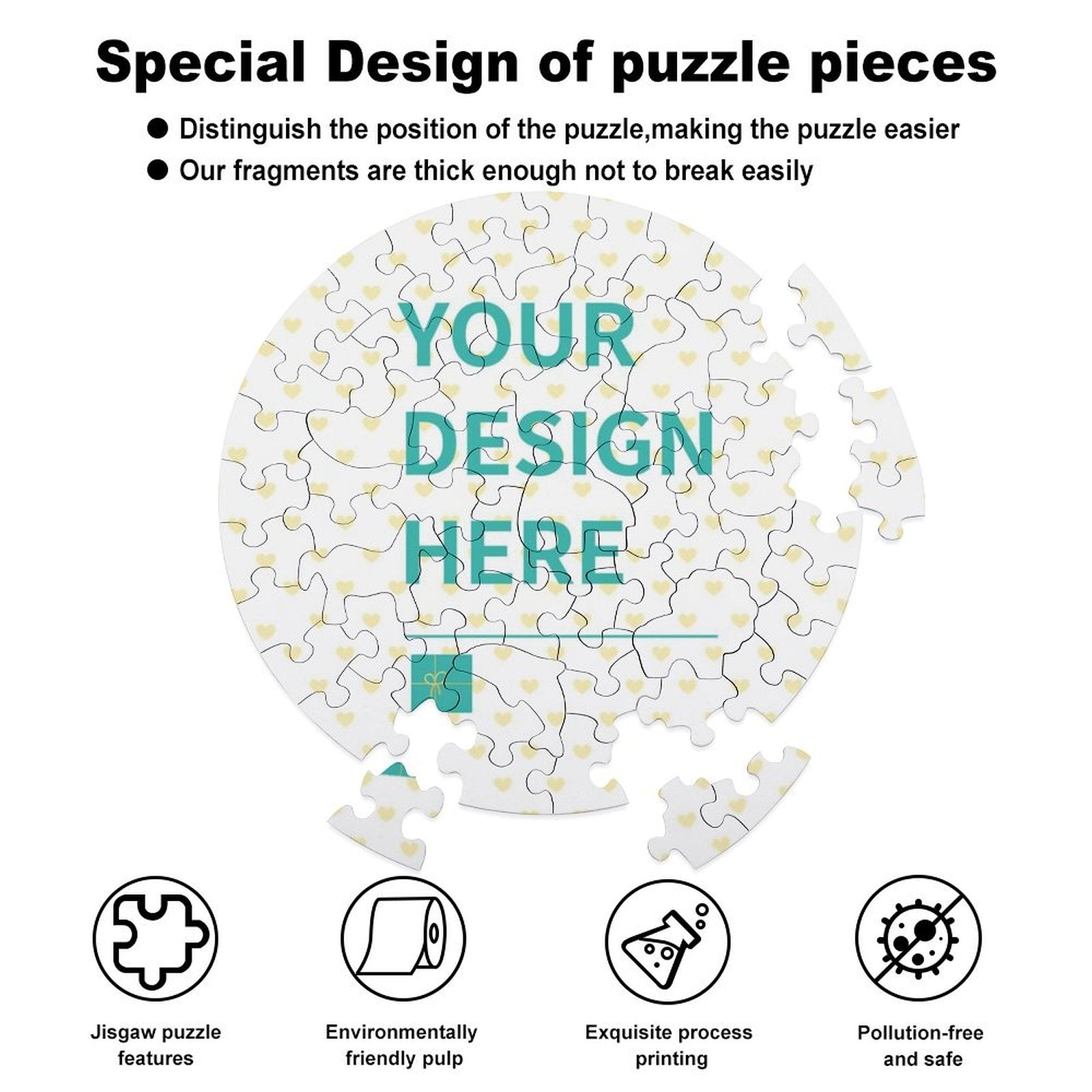 Custom round photo puzzle with design space, wood jigsaw puzzle, featuring 'Your Design Here', poplar wood puzzle pieces.