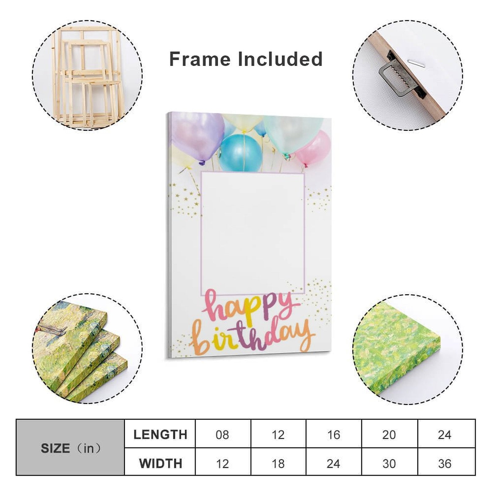 Custom Happy Birthday photo frame with colorful balloons and cursive text, perfect birthday gift.