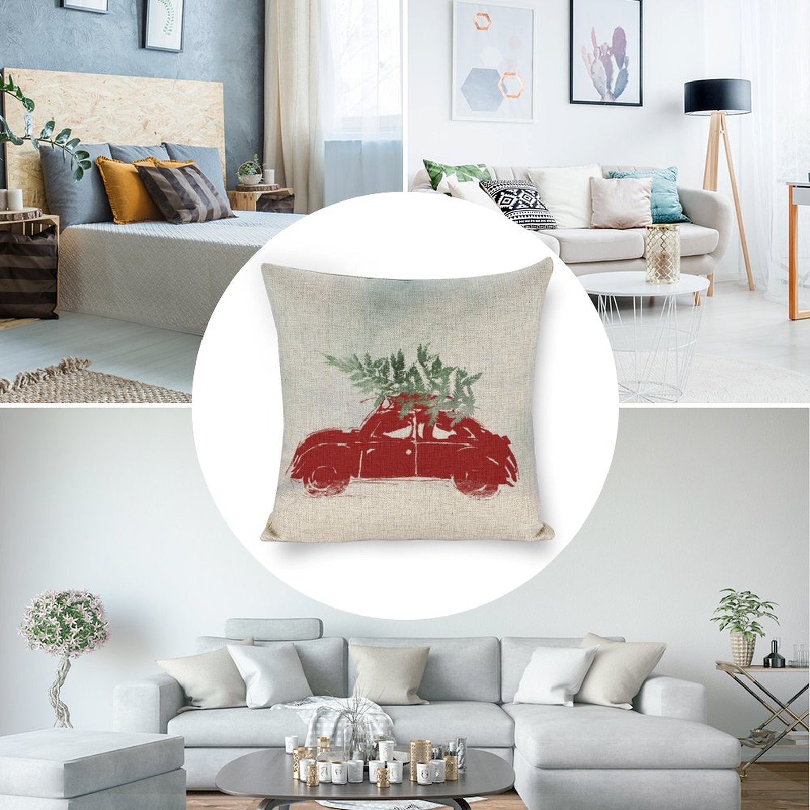 Christmas linen pillow cover with red car and Christmas tree for sofa, couch, or bed. Square cushion.