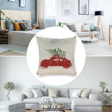 Christmas linen pillow cover with red car and Christmas tree for sofa, couch, or bed. Square cushion.