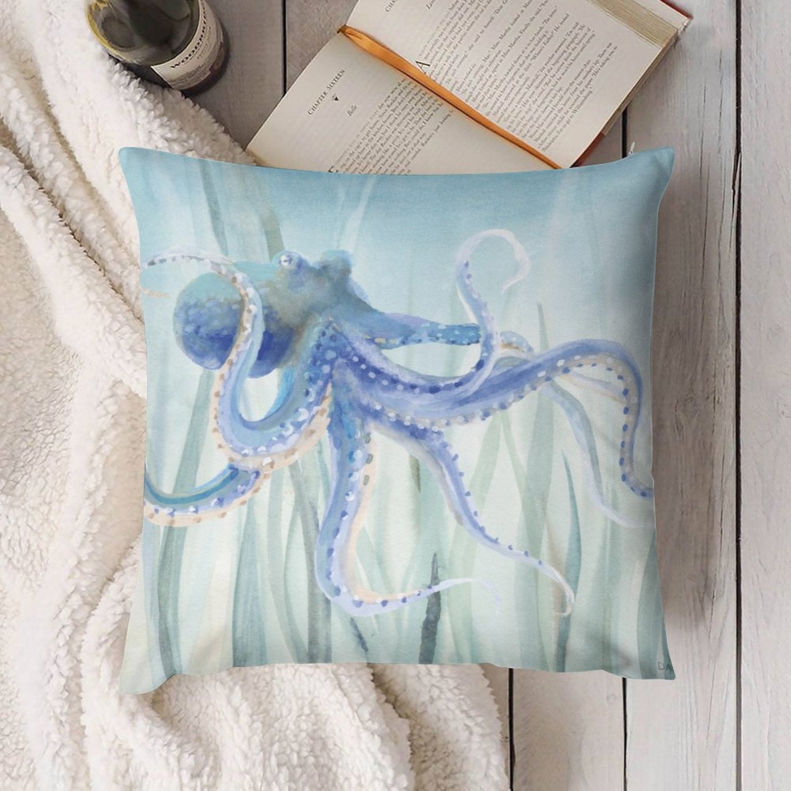 Blue octopus decorative pillow cover for sofa, living room decor. Soft short plush. Watercolor design.