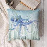 Blue octopus decorative pillow cover for sofa, living room decor. Soft short plush. Watercolor design.