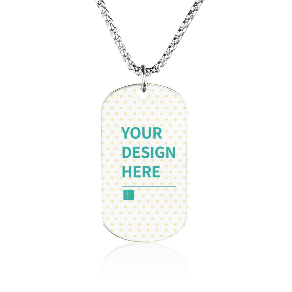 Customizable titanium steel dog tag necklace with "YOUR DESIGN HERE" text, perfect for a personalized photo pendant.