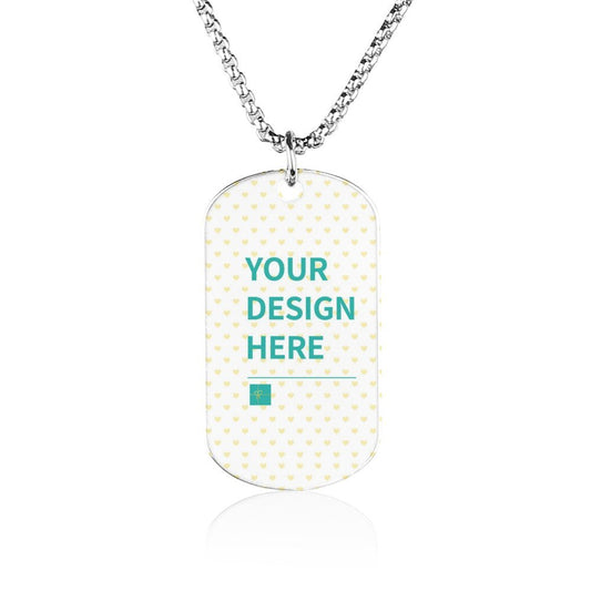 Customizable titanium steel dog tag necklace with "YOUR DESIGN HERE" text, perfect for a personalized photo pendant.
