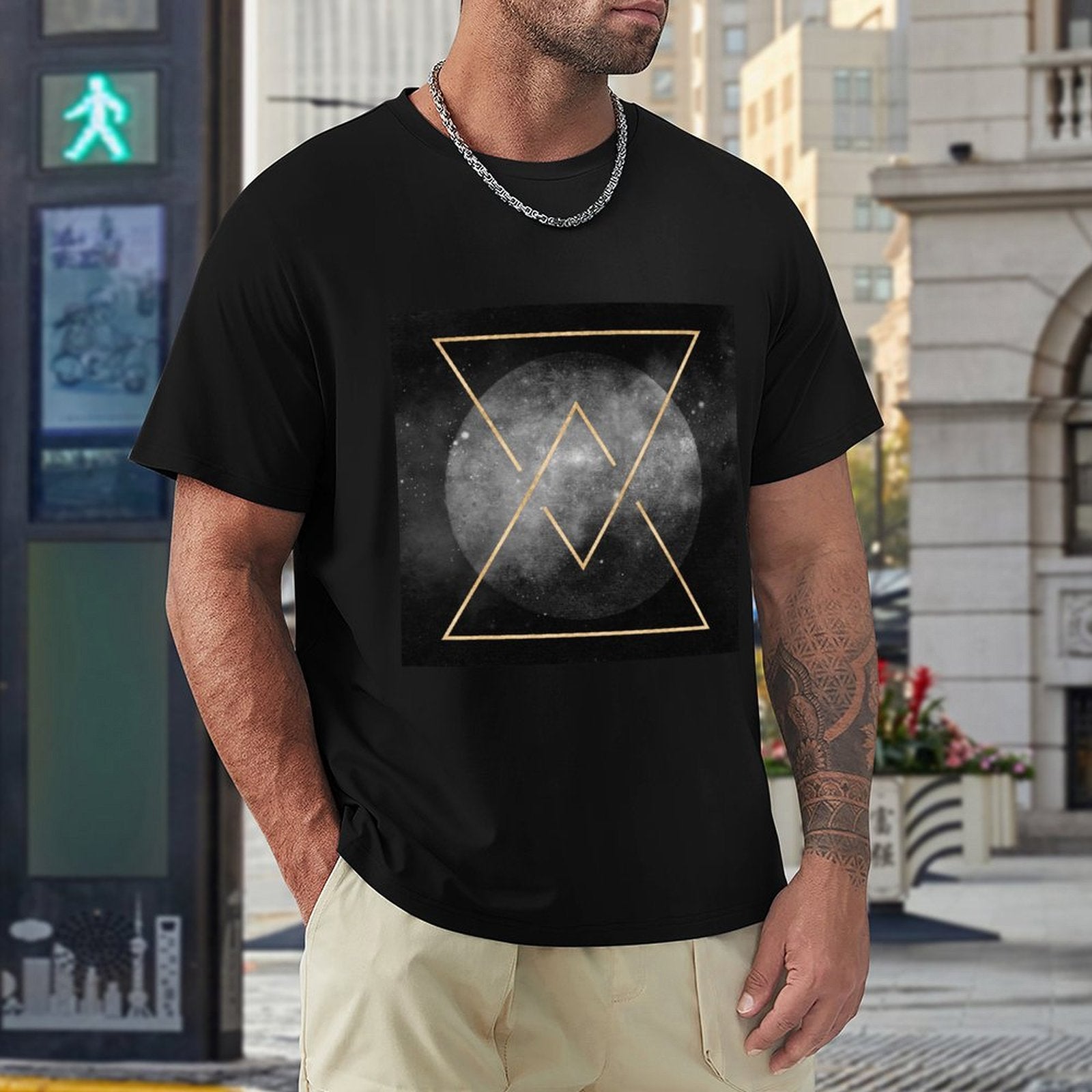 Black cotton men's t-shirt with geometric art print, crew neck classic tee from MyArtsyGift