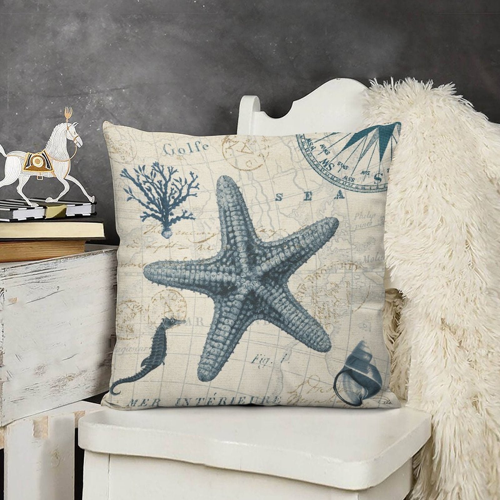 Nautical starfish pillow cover, soft plush fabric for sofa. Decorative coastal design, vintage style, living room decor.