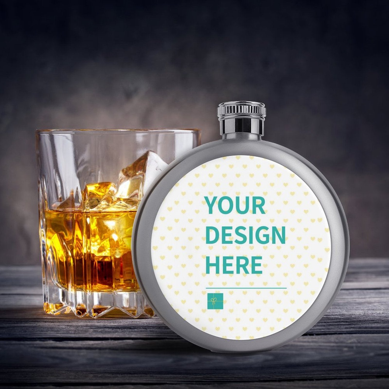 Customizable stainless steel flask with whiskey glass. Design your own flask for a perfect personalized gift.